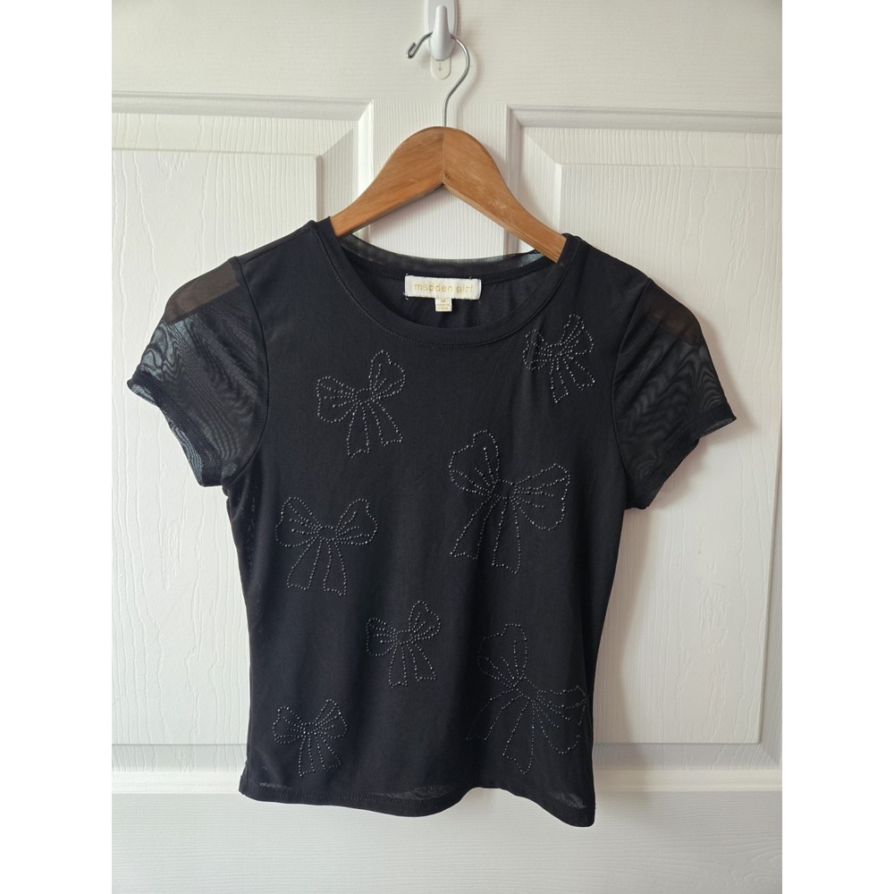 Madden Girl Women's Black Sheer Bows Short Sleeve Medium